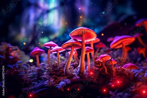 AI generated illustration of a cluster of wild mushrooms growing in a forested area