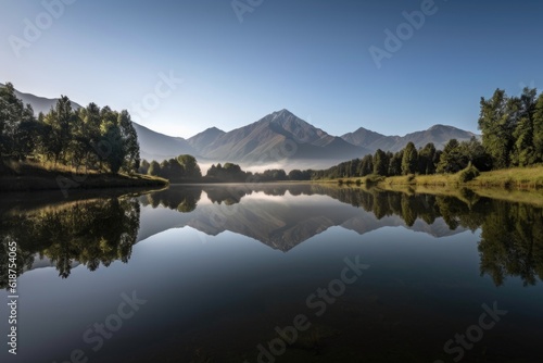 serene lake with reflection of majestic mountain range in the background  created with generative ai