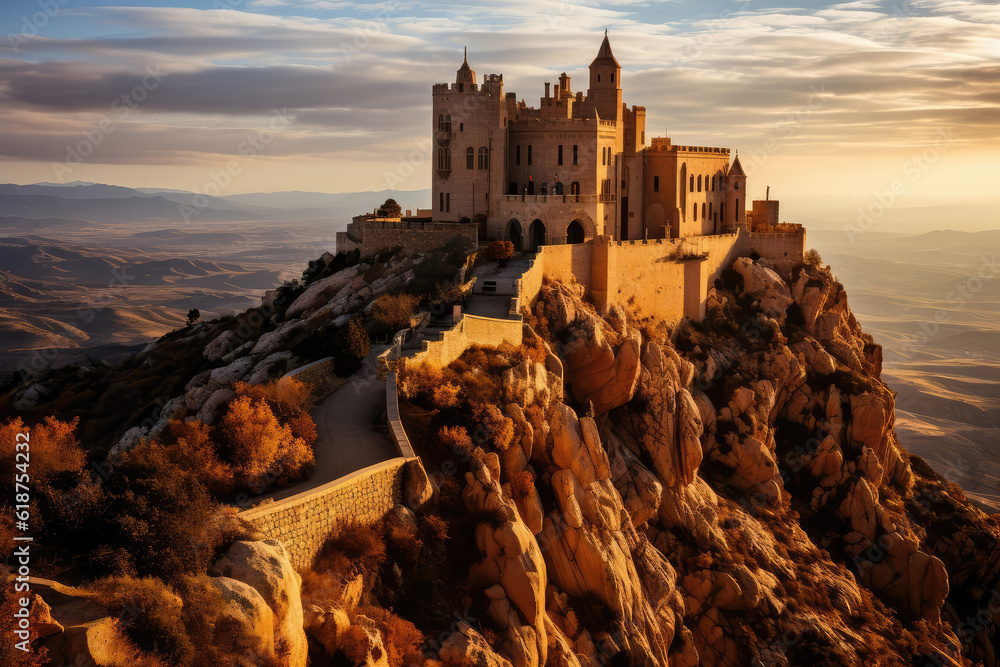 A dramatic shot of the fortress's defensive walls, with arrow slits, battlements, and lookout towers, emphasizing its impregnability and military prowess