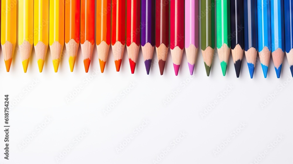 A rainbow arrangement of new, sharpened pencils on a bright white background. Generative AI. A rainbow arrangement of new, sharpened pencils on a bright white background. Generative AI.