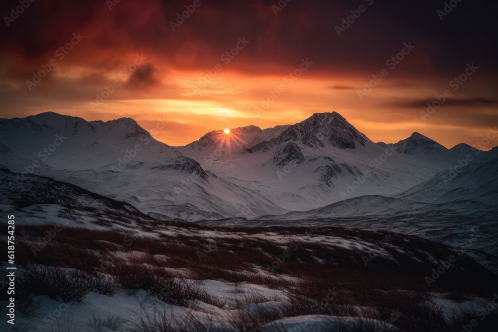 snow-capped mountain range with dramatic sunset in the background, created with generative ai