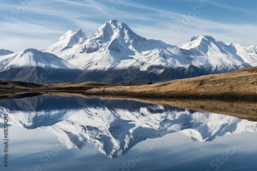 snow-capped mountain peaks reflected in still lake, created with generative ai © altitudevisual