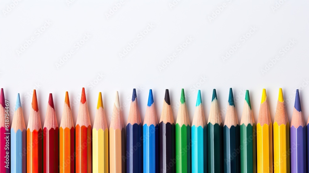 A rainbow arrangement of new, sharpened pencils on a bright white background. Generative AI. A rainbow arrangement of new, sharpened pencils on a bright white background. Generative AI.