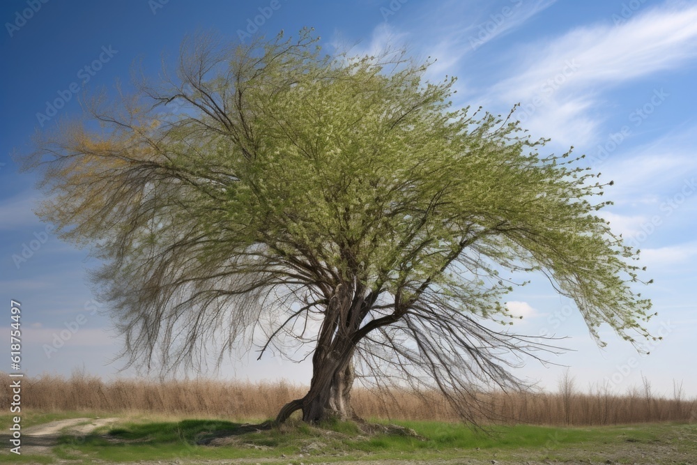 Obraz premium a tree with sprouting leaves blowing in the wind, created with generative ai