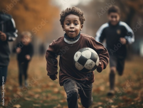 Young children playing soccer outdoors in the fall - Ai generated © Namuk/Wirestock Creators