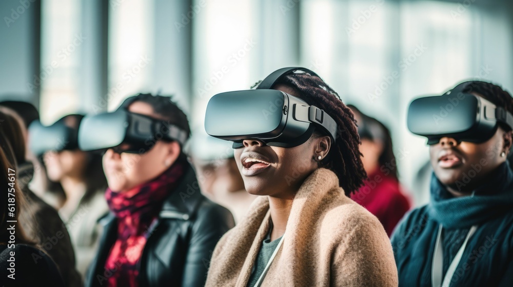 Group of individuals wearing virtual reality headsets, AI-generated. Group of individuals wearing virtual reality headsets, AI-generated.