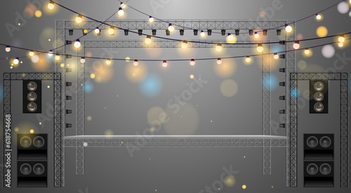 white stage and hanging light on truss system in the dark room