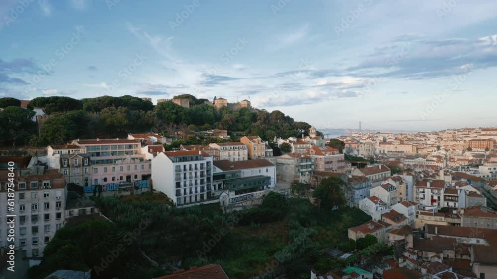 Drone view of Saint George's Castle on a hill in Santa Maria Maior, Lisbon Drone view of Saint George's Castle on a hill in Santa Maria Maior, Lisbon