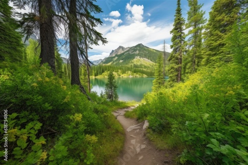 forest trail with view of tranquil lake and mountain in the background, created with generative ai