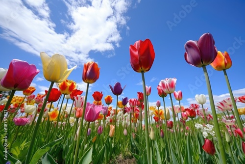 towering tulips of different colors against a blue sky  created with generative ai