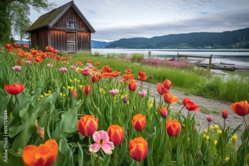 tulip field in full bloom, with a wooden cabin and lake in the background, created with generative ai