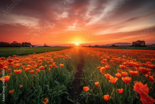 sunset, with tulip fields in the foreground and a fiery orange sky, created with generative ai