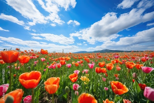 vibrant tulip field with blue sky and clouds in the background  created with generative ai