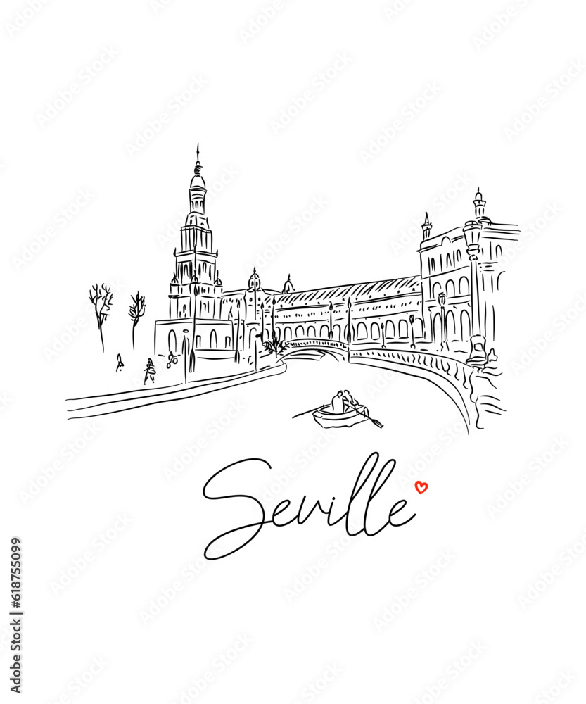 Fototapeta premium Vector illustration of the hand-drawn cityscape of Seville on a white background