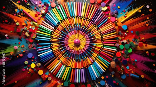 A colorful array of markers, pens, and crayons fanned out. Generative AI.