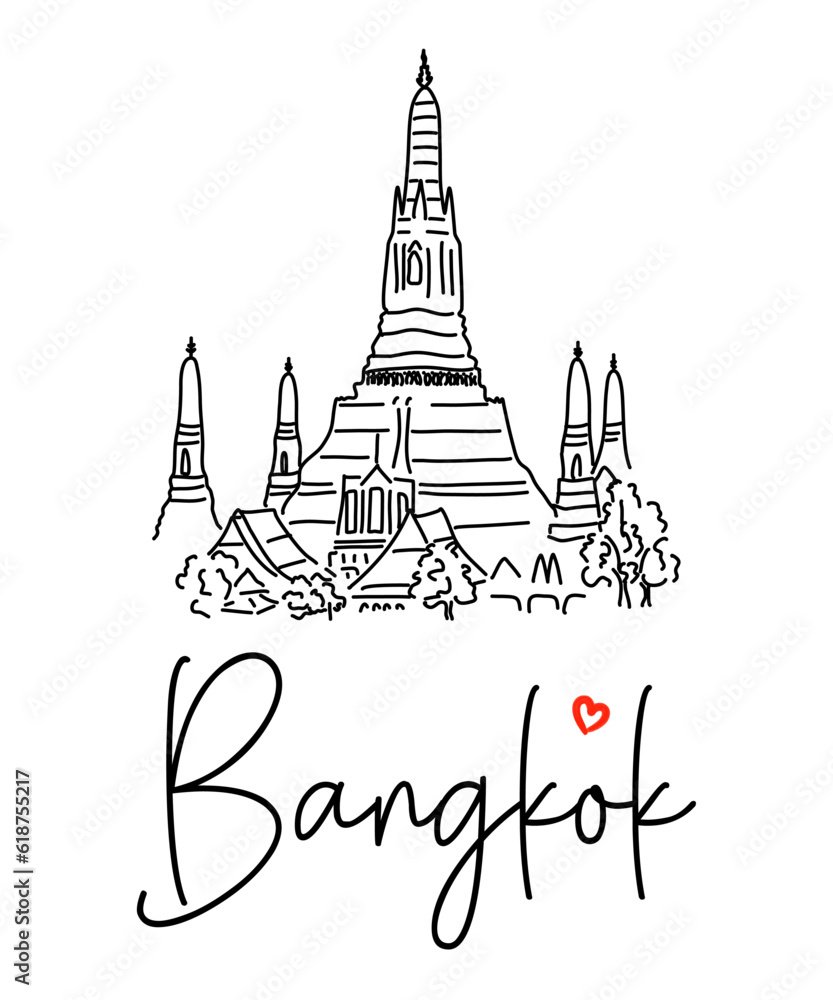 Vector illustration of the hand-drawn cityscape of Bangkok on a white background