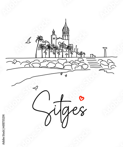 Vector illustration of the hand-drawn cityscape of Sitges on a white background