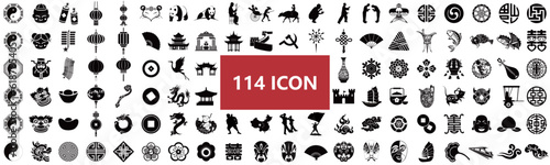 A collection of traditional Eastern cultural graphics composed of Tai Chi Bagua, Guangdong Xingshi, Fuwa, Spring Festival, firecrackers, lanterns, gold ingots, dragons, Peking Opera, and facial makeup