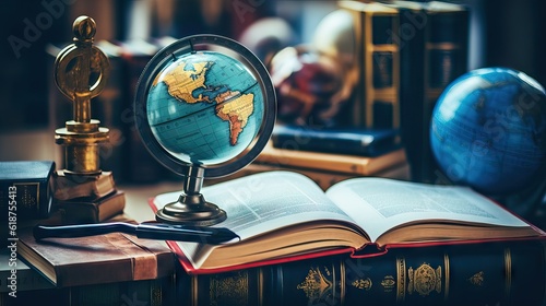 A close-up of a globe with a magnifying glass, textbooks and a notebook. Generative AI.
