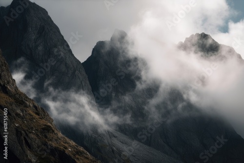 close-up of the rocky and rugged mountain peaks, with clouds in the background, created with generative ai