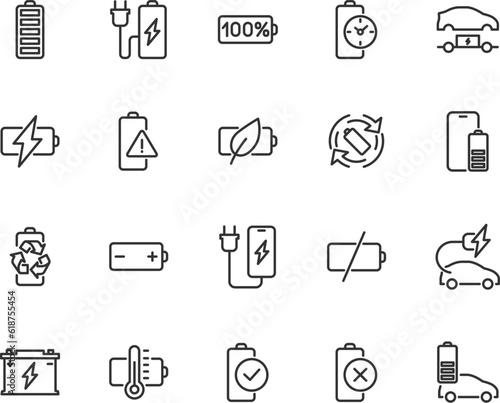 Vector set of battery line icons. Contains icons battery charging, accumulator, battery life time, recycle, electric charge station, phone charging and more. Pixel perfect.