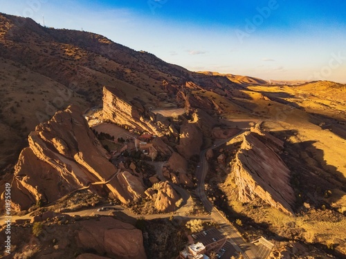 Aerial view of the mountains by Red Rocks Amphitheater in Morrison, CO