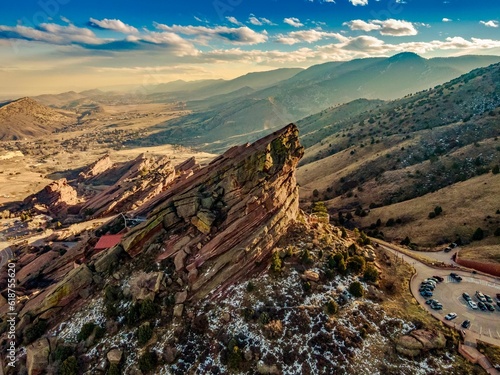 Aerial view of the mountains by Red Rocks Amphitheater in Morrison, CO