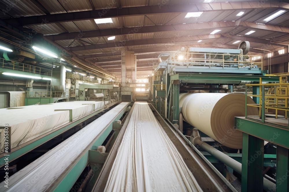 Obraz premium pulp and paper mill, with towering machines and conveyor belts for producing the raw material for paper, created with generative ai