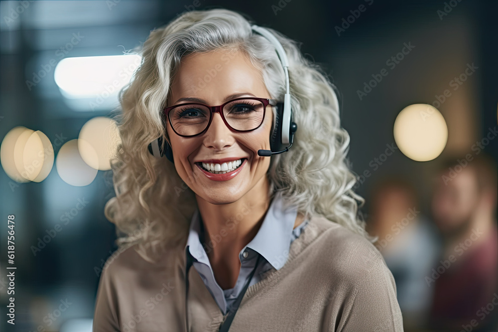 Senior woman customer support operator with headset and smiling working in call center Senior woman customer support operator with headset and smiling working in call center