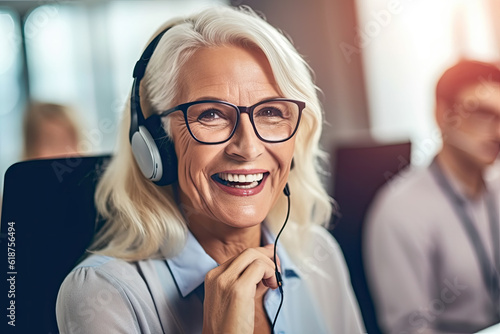 Senior woman customer support operator with headset and smiling working in call center