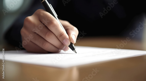 Close-up of male hand with pen signing a legal document photo