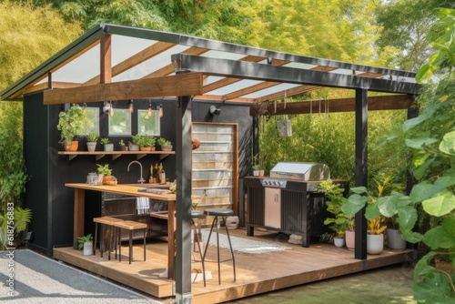 a tiny home with a full outdoor kitchen and dining area, surrounded by greenery, created with generative ai