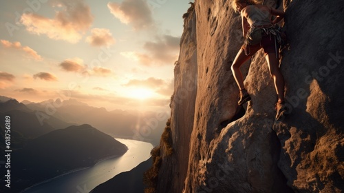  adventurous scene of a confident young woman climbing a mountain