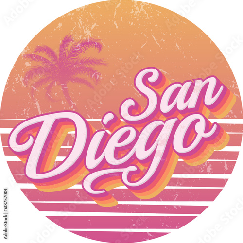 San Diego Vintage Text with Sunset retro colors  Typography text in grunge style theme, vector design on white background.