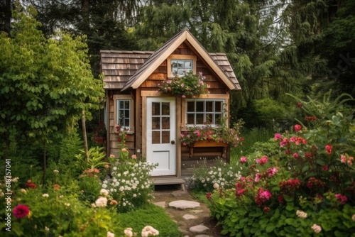 tiny house nestled among blooming flowers and greenery  created with generative ai