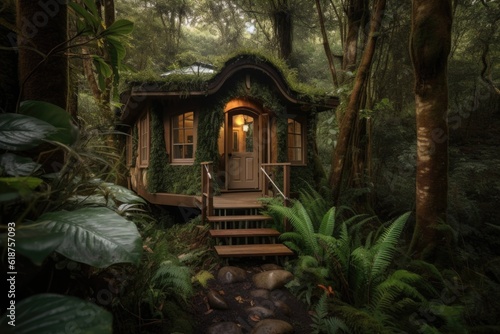 tiny home in the middle of a lush forest, surrounded by nature, created with generative ai