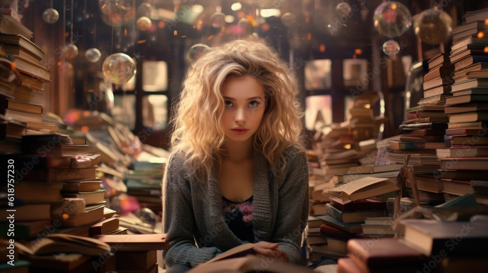 picture of the young woman reading books