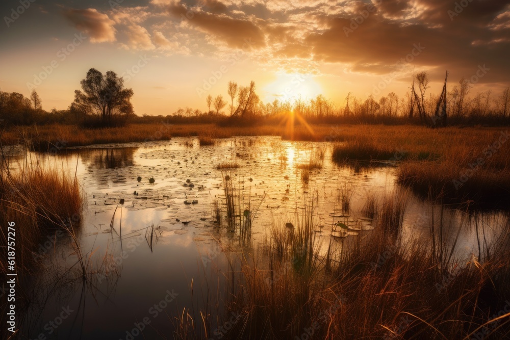wetlands and marshes, with sunset in the background, bringing calmness to the scene, created with generative ai