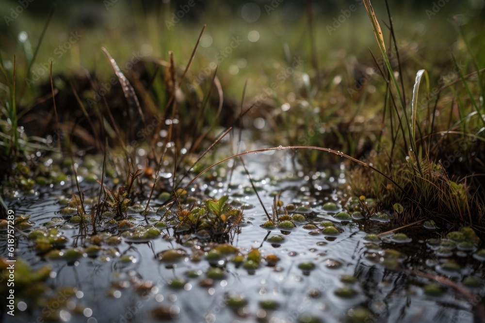 close-up of marshland, with water droplets and plants visible, created with generative ai close-up of marshland, with water droplets and plants visible, created with generative ai