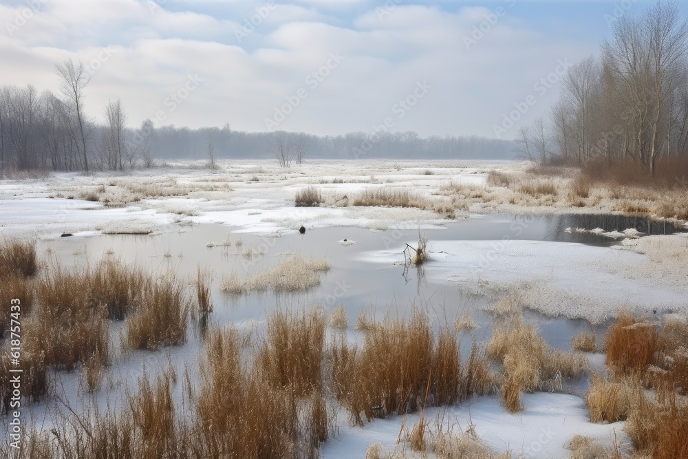 snow-covered wetland and marsh in winter landscape, created with generative ai