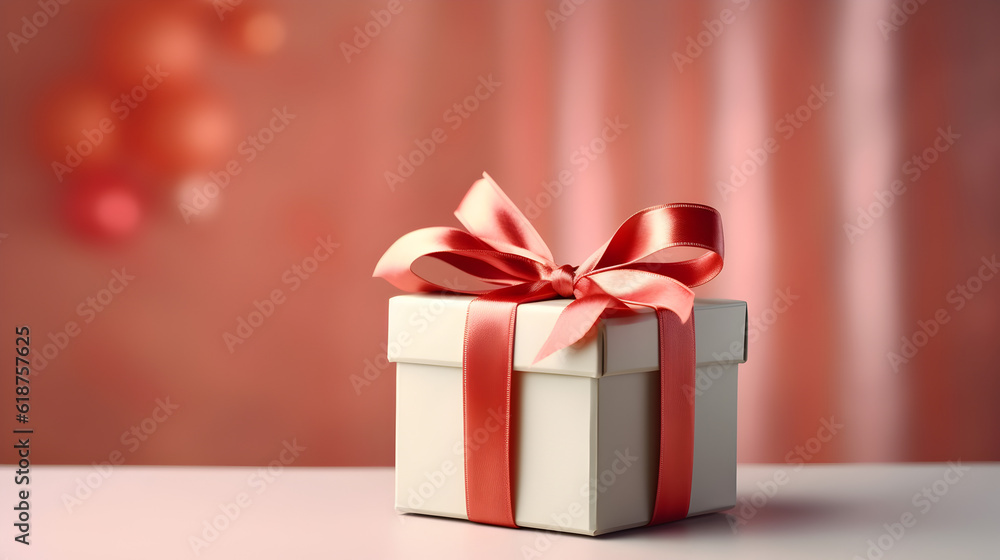 Beautiful white gift box with ribbon and bow on table. Generative AI Beautiful white gift box with ribbon and bow on table. Generative AI