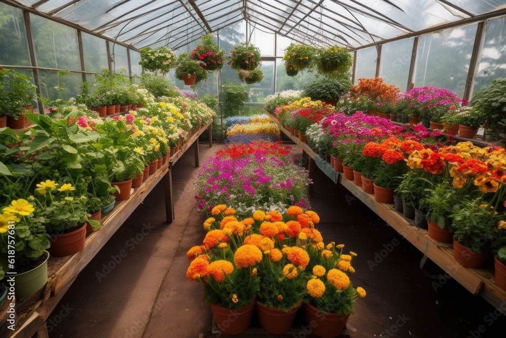 greenhouse filled with colorful and fragrant flowers, created with generative ai