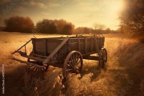 AI generated illustration of An antiquated wooden wagon sits in a sprawling field at the golden hour