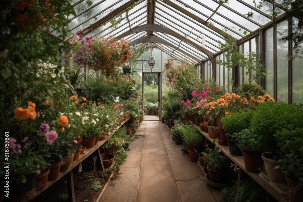greenhouse filled with fragrant blooms and greenery, created with generative ai