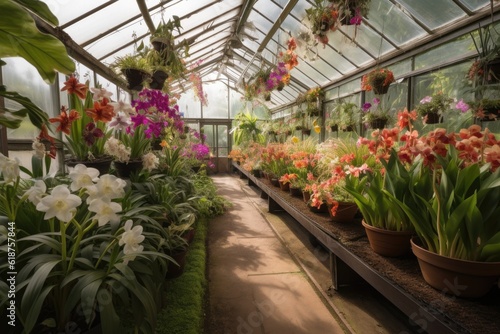 greenhouse filled with orchids and bromeliads  created with generative ai