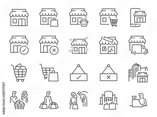 Shop icon set. It included a store, consumer, merchandise, goods, and more icons. Editable Vector Stroke.