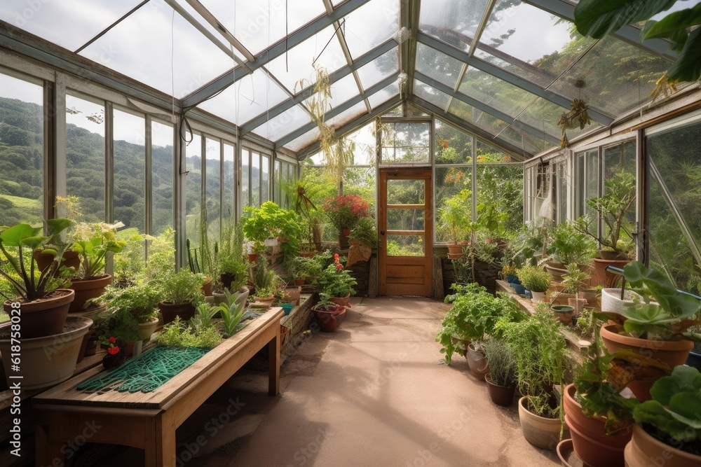 greenhouse, with view of the surrounding landscape, showcasing the beauty and natural environment, created with generative ai