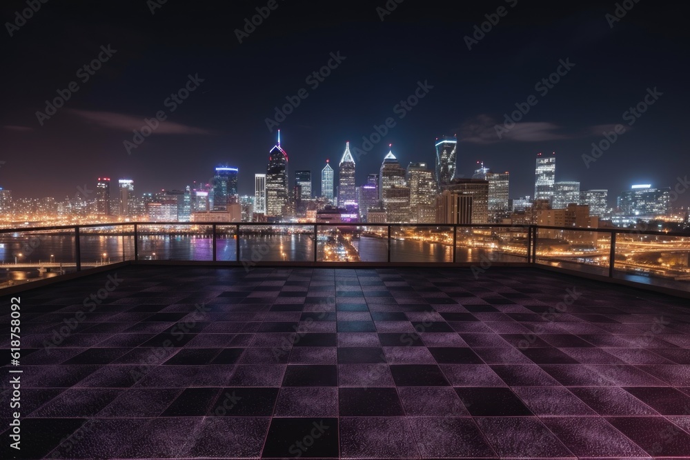 outdoor dance floor with view of the city skyline at night, created with generative ai