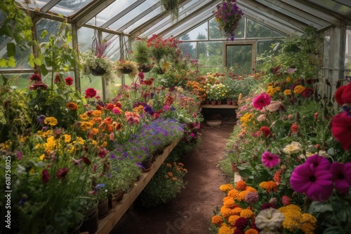 greenhouse filled with vibrant and colorful flowers  created with generative ai
