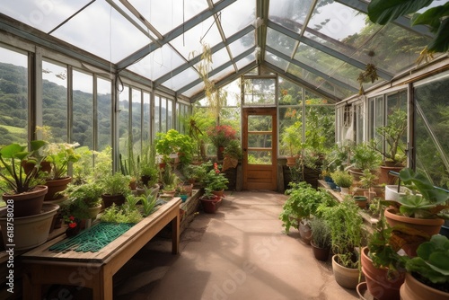 greenhouse, with view of the surrounding landscape, showcasing the beauty and natural environment, created with generative ai © altitudevisual